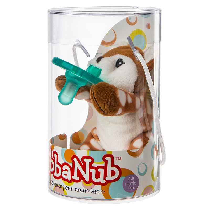 Image of the packaging for the WubbaNub Amber Fawn toy. The packaging is a clear plastic cylinder so you can see the toy inside.