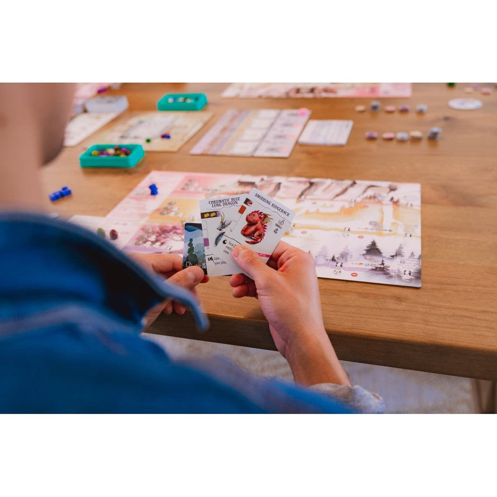 Person holding cards featuring dragons while playing the board game Wyrmspan.