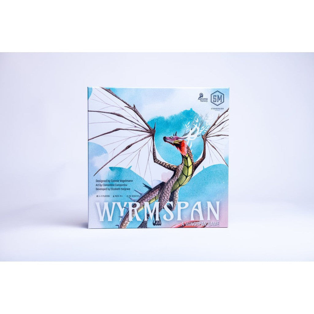 A boxed board game named "wyrmspan" with a colorful illustration of a dragon on the cover.