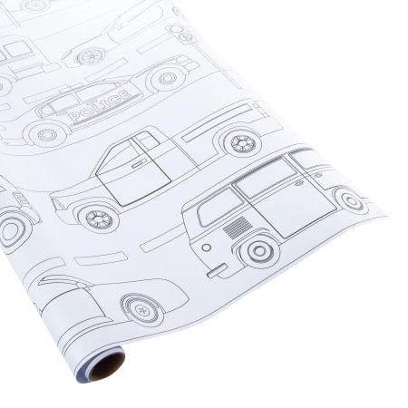 This XL Color In Poster-style roll of wallpaper showcases black and white outlines of various vehicles, including a police car and a van, on a white background. Perfect for an arts &amp; crafts coloring activity to liven up any room.