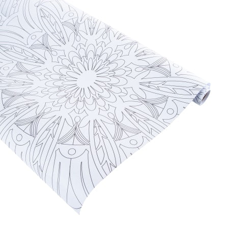 An XL Color In Poster showcasing a rolled sheet of paper with an intricate, symmetrical black-and-white line art mandala design, perfect for a relaxing coloring activity.