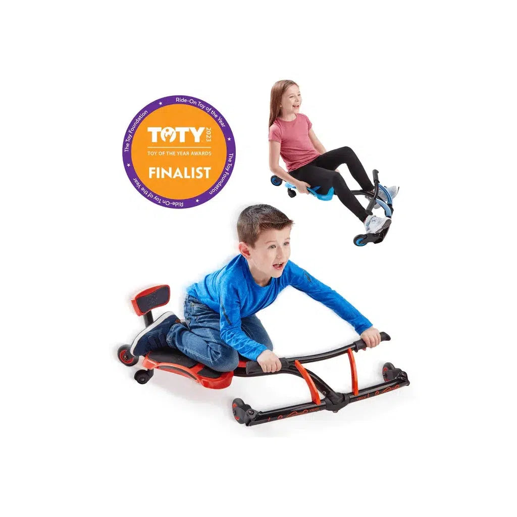 this image shows the YBIKE leap with two kids playing around. a badge saus "toy of the year finalist" one kid is kneeling on the platfom seat and holding onto some handlebars to steer, leaning forward. another child is leaning back, sitting on the seat, with her legs on the handles to steer. 