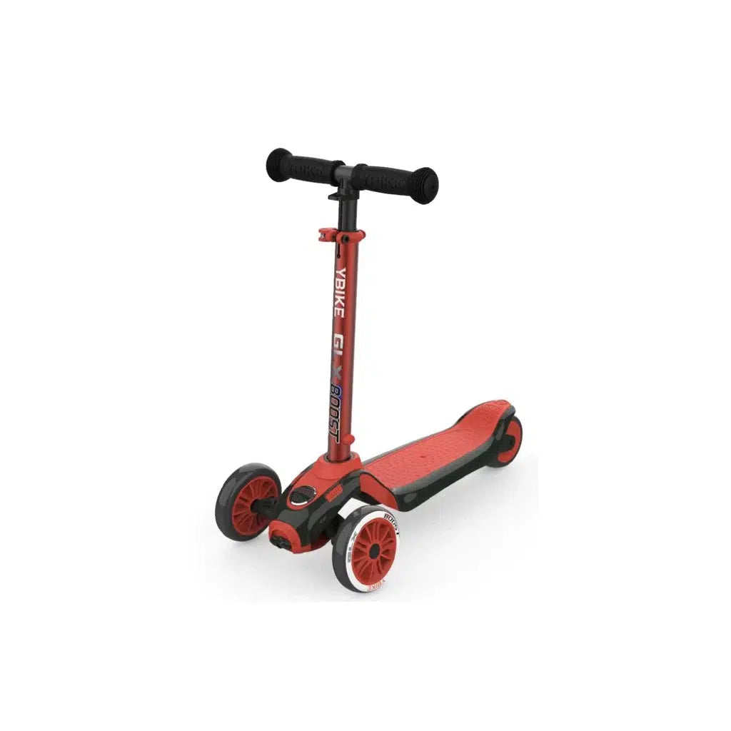 this image shows a front angle of the scooter, showing off ther wheels and the front of the scooter. the wheels are ahead of the handlebars, keeping a child further back on the scooter