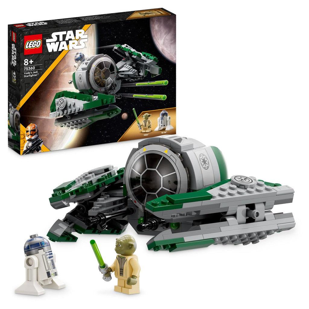 front of the box shows the Jedi Starfighter with Yoda made with LEGO. has two blasters on the front