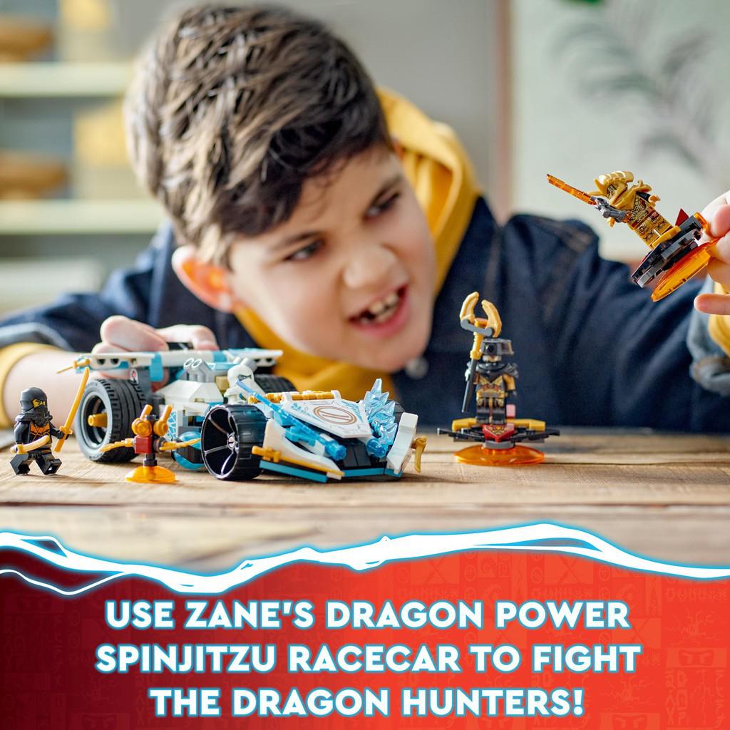 use Zane's Dragon Power spinjuitsu racecar to fight the dragon hunters