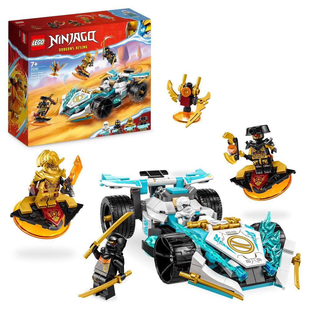 the dragon powered spinjuitsu car from Ninjago is a light bluw racecar that can spin around to battle evil.
