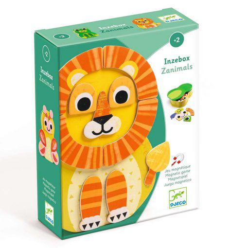 Image of the packaging for the Zanimals InZeBox. On the front is a picture of the lion variation of the magnetic animal toy.