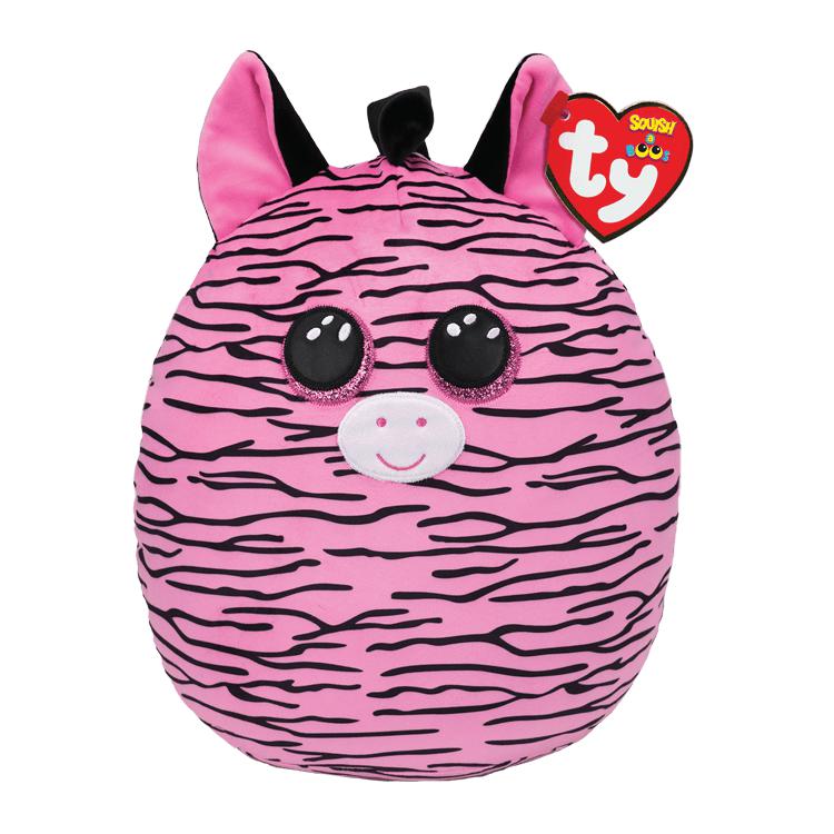 Image of the Zoey the Zebra Squish-A-Boo plush. It is a pink zebra with thin black stripes. She has glittery pink eyes and a black mane and tail.