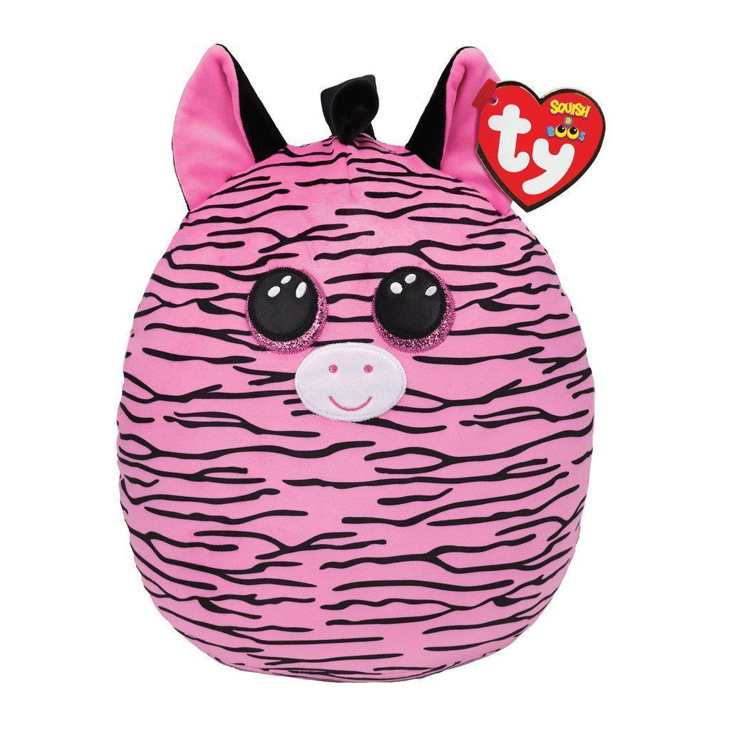 Image of the Zoey the Zebra Squish-A-Boo plush. It is a pink zebra with thin black stripes. She has glittery pink eyes and a black mane and tail.