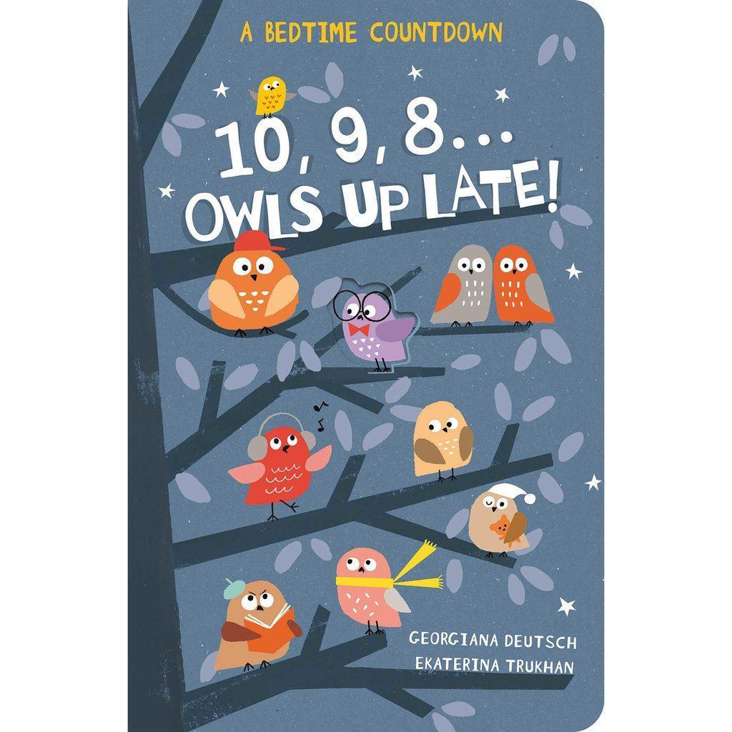 Cover of the book shows 10 owls of various colors and sizes perched on a the branches of a tree. One owl is visible through a cutout of the cover and is printed on the first page