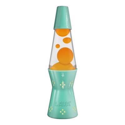 Image of the lava lamp. It has a turquoise cap and base with orange wax and clear liquid.