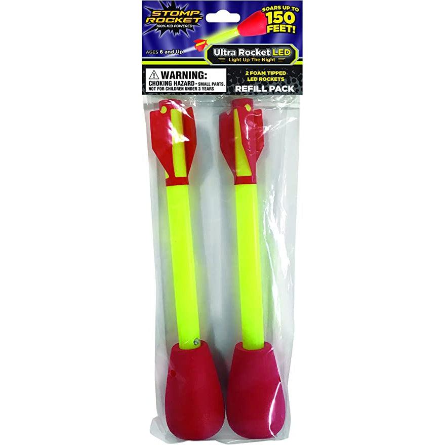 Rockets in packaging | Packing is a clear plastic bag | Rockets have a neon yellow light up body, red, rounded foam tips, and red tail fins.