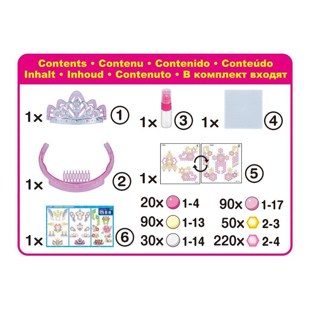 The picture shows the contents in the box in deatail, the tiara, bead count and color, tray for beads and spray bottle.