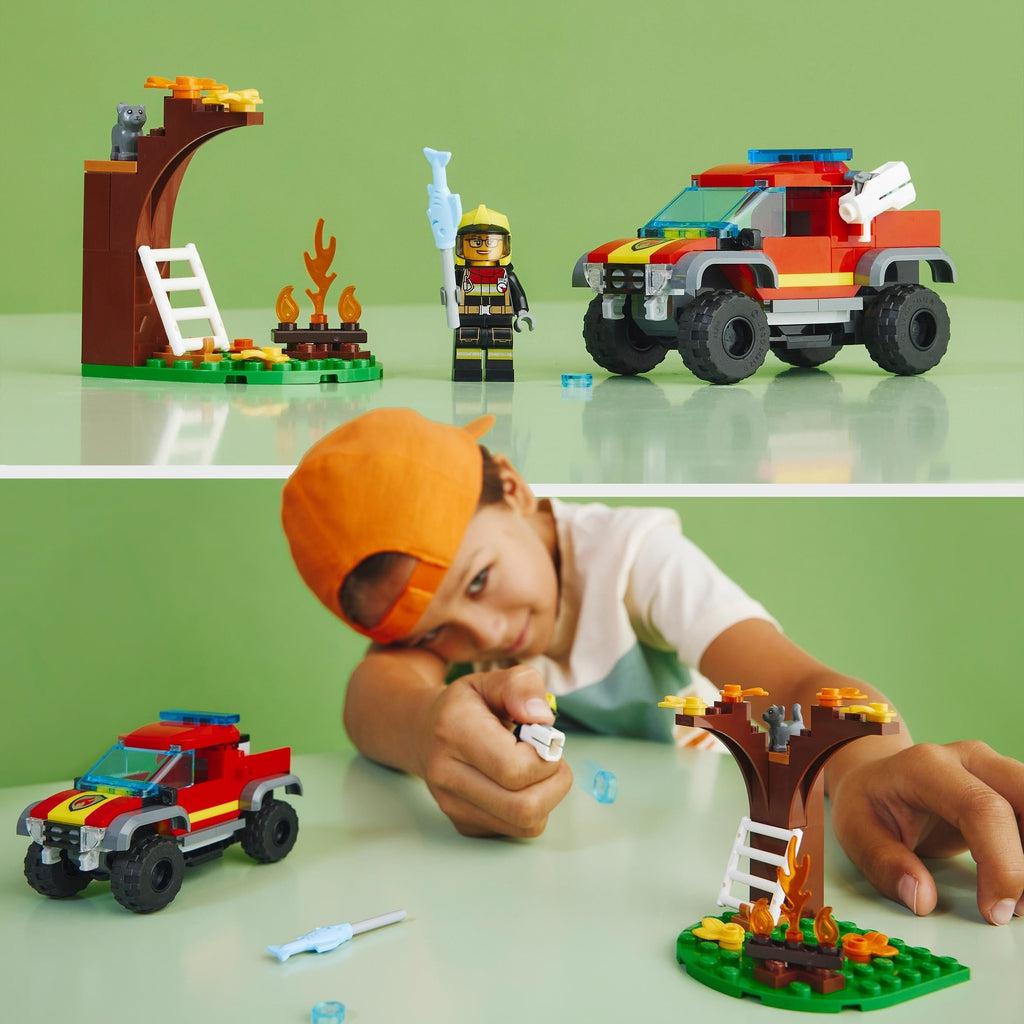 top image shows the lego set on a green table with a green wall behind it | bottom image shows a child playing with the set on the same table