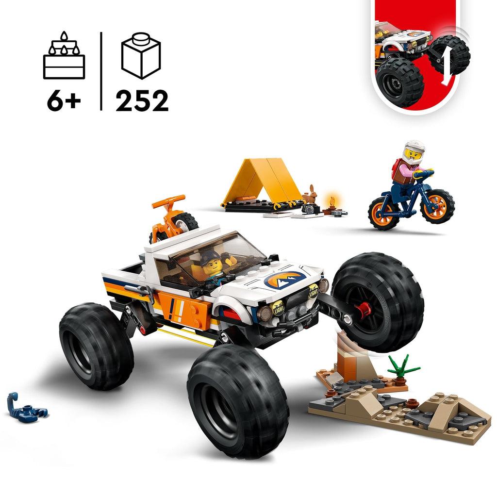 Image shows the truck moving over a tall lego rock to show the suspension | top right has a pic showing the wheels move up and down on their suspension | piece count of 252 and age of 6+ in top left