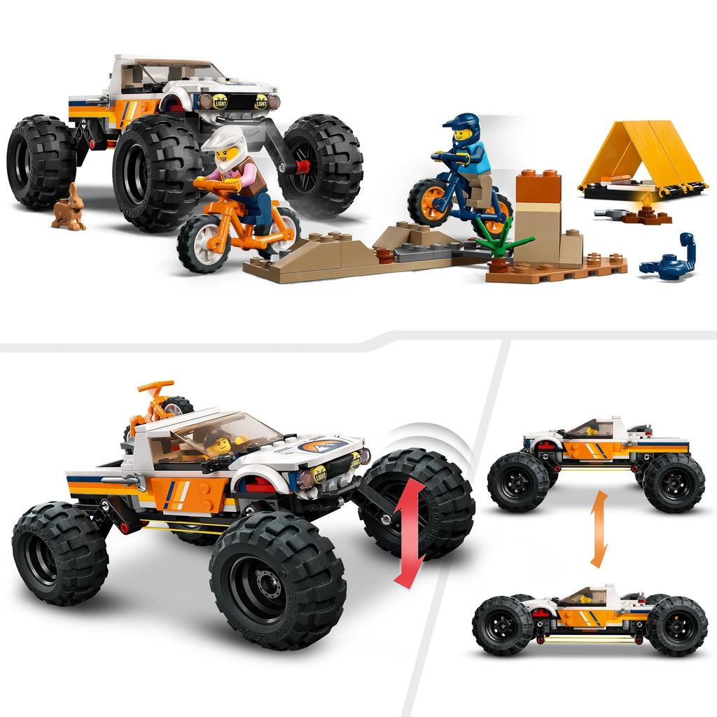 top image shows the figures riding the lego bikes over lego rocks | bottom images show the suspensions on the tires allow the truck a large amount of vertical movement