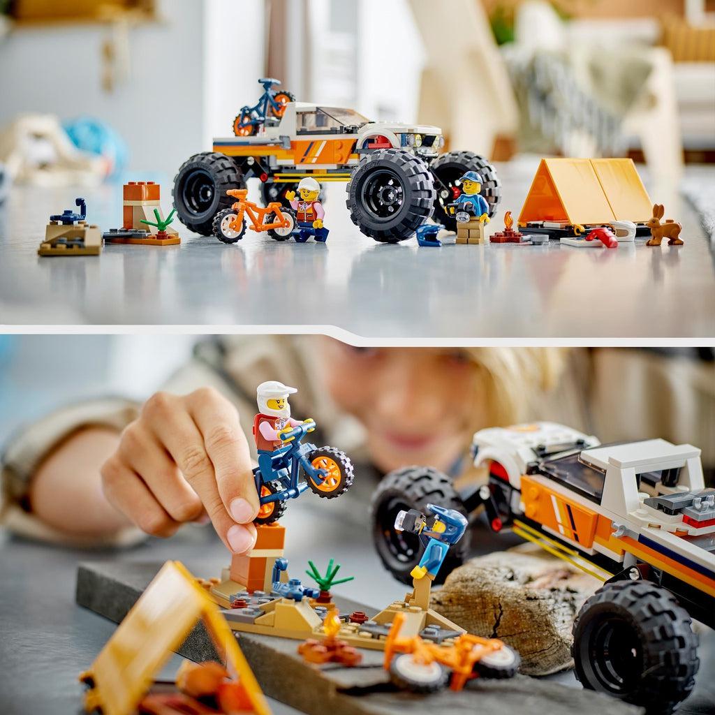 top image shows full lego set displayed on a table | bottom image shows a child playing with the lego set