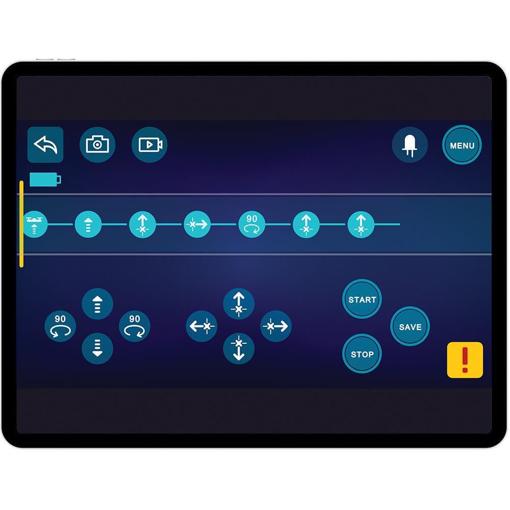 Example of coding screen in app used for kit. | Includes commands such as up/down/L/R arrows, 90 degree angle turns, start/stop, and save buttons. 