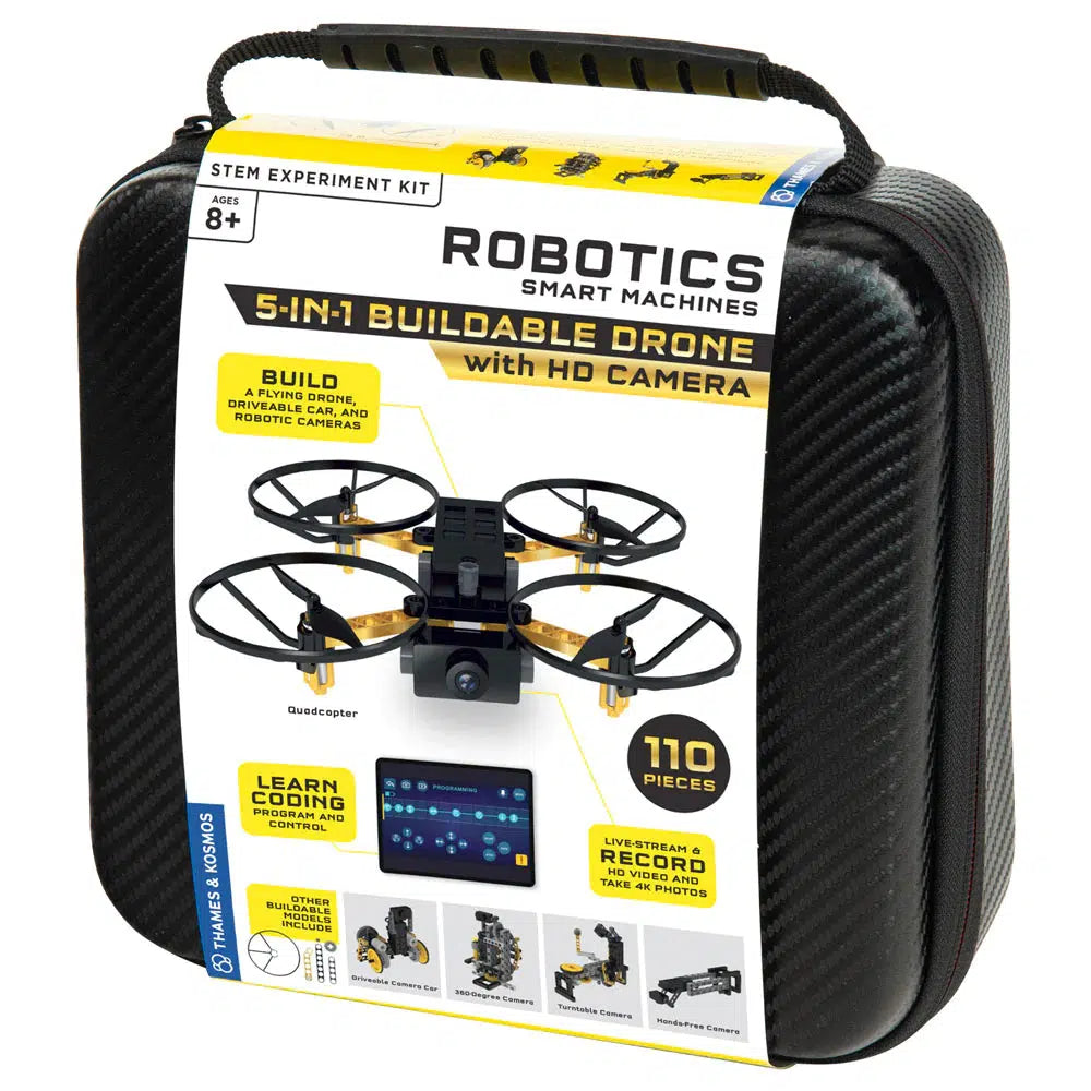 Kit packaging | Kit comes in a hard shell gray case with carrying handle. | Image on front of packaging includes large image of drone and smaller images of 4 other buildable models.