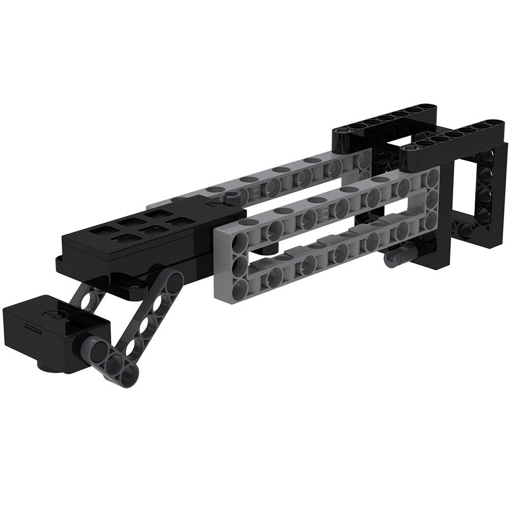 Hands free camera model | Gray and black plastic pieces connect to form a long mechanism to which the camera is mounted.