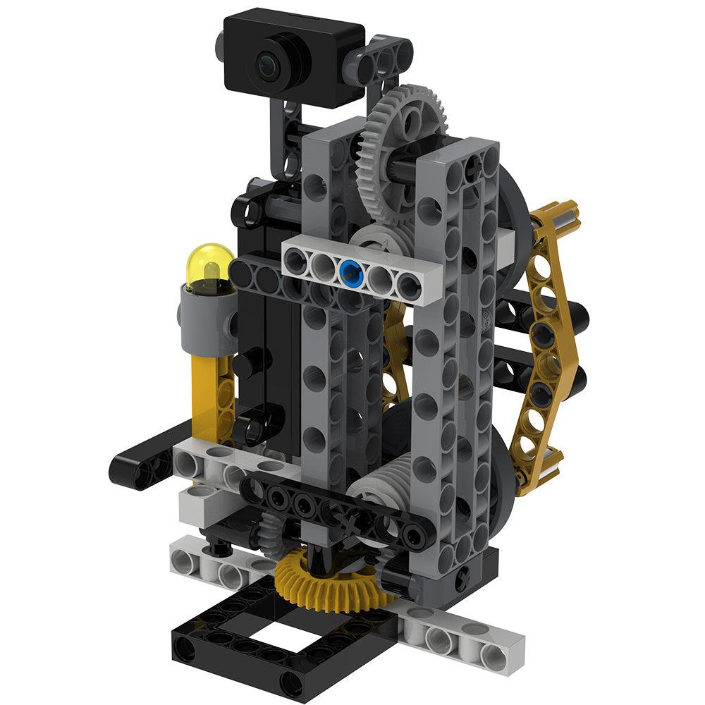 360 degree camera model | Model is composed of black, gray, and yellow plastic pieces. | Mechanisms form large tower with movable camera on top. 