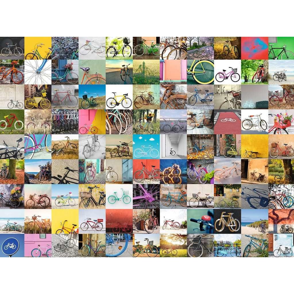 The puzzle is a grid of many pictures of different bicycles of all different colors, styles, and sizes! Each picture has a different colored background to give the puzzle a feel of variety.It is a grid of 99 bicycles (11x9 pictures)