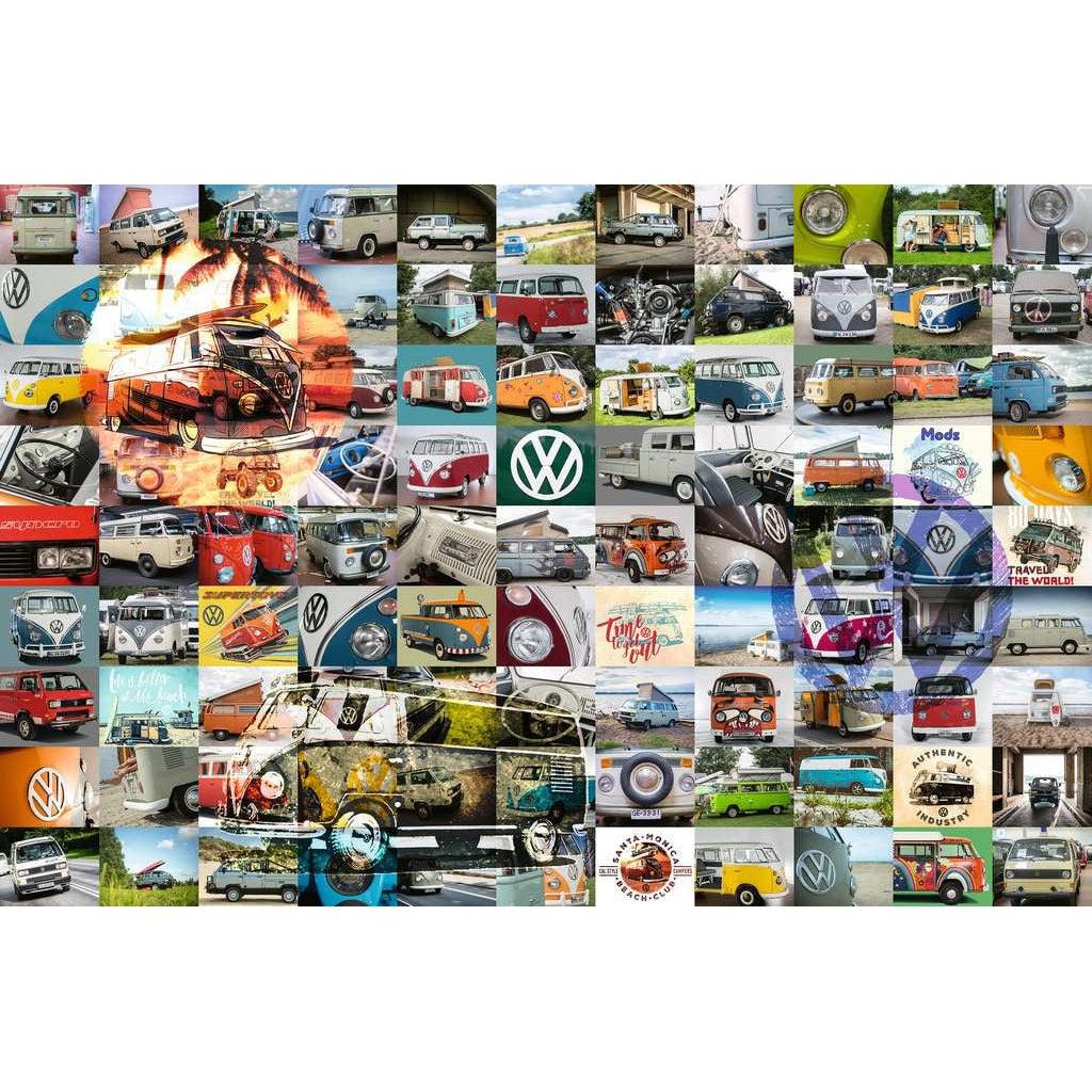 Puzzle is a collage of 99 different VW camper vans. They are in all different sizes and colors with many different places they have traveled to!