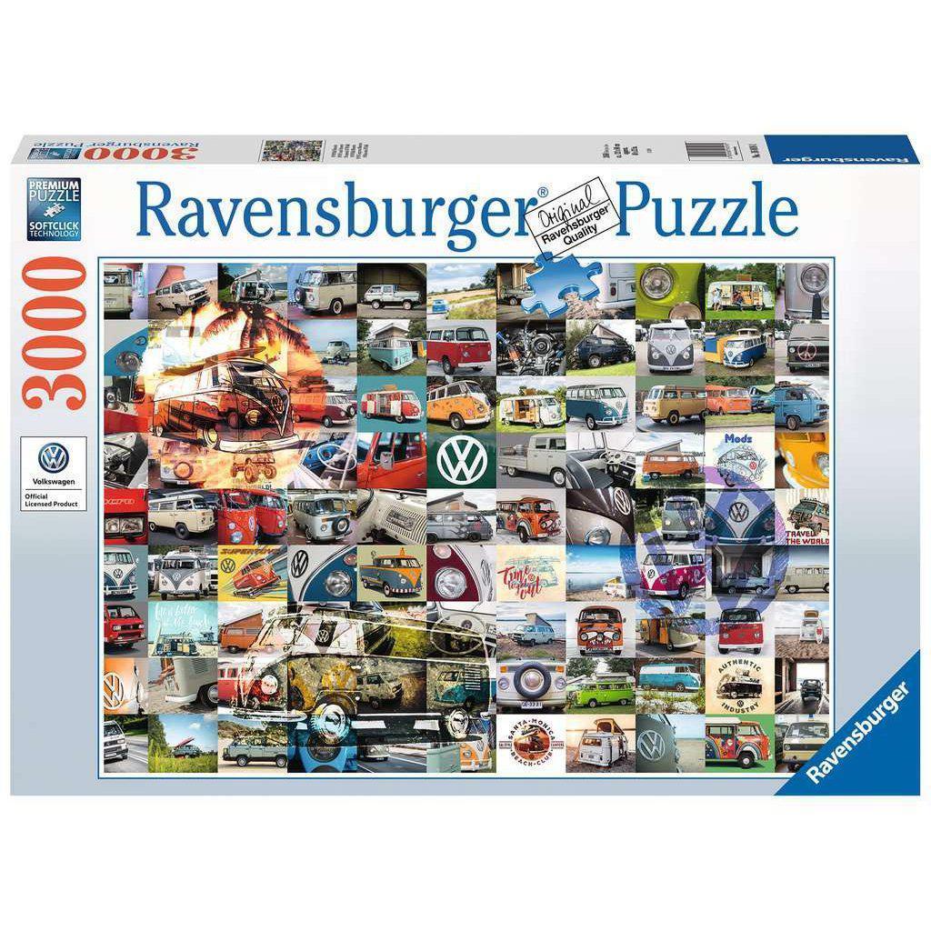 Image of front of puzzle box. It has information such as the brand name, Ravensburger, and the piece count (3000pc). In the center is a picture of the finished puzzle. Puzzle described on next image.