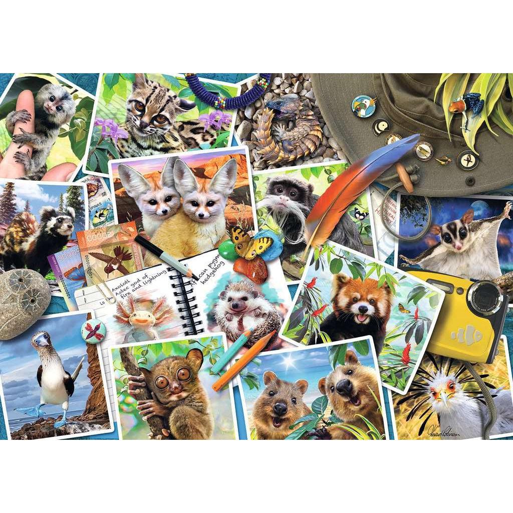 Puzzle image | Illustrated collage of items and images | Photos of exotic animals: Examples axolotl, sugar glider, red panda, etc. are scattered in a pile. Mixed between the photos are items such as a journal, pencils, feather, camera, hat, pins, rocks, and more.