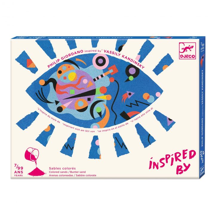 Image of the packaging for the Abstract Colored Sands craft kit. On the front is a abstract picture of an eye.