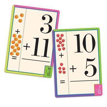 these flash cards show priblems like 10 + 5 or 3+11 for a child to learn math with