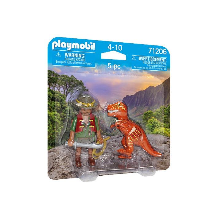 The blister card packaging contains an adventurer and a baby t-rex playmobil figures in clear plastic
