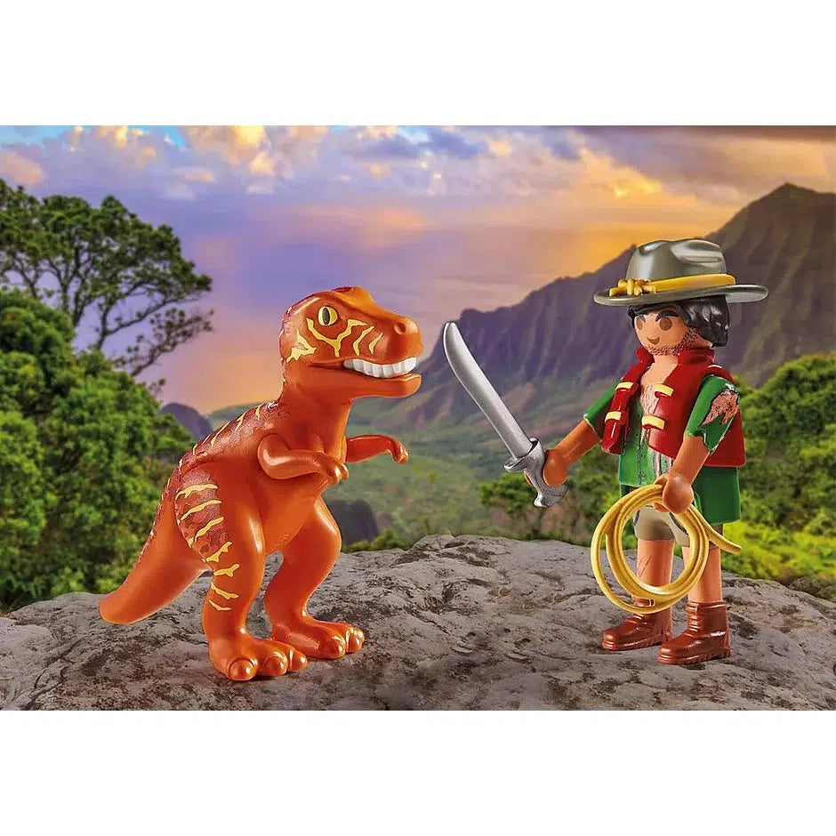 The dinosaur is orange with yellow stripes around it's eyes, down it's back, and on the sides of its legs. The adventurer is wearing a red life vest, wearing a cowboy hat, and holding a knife and a lasso