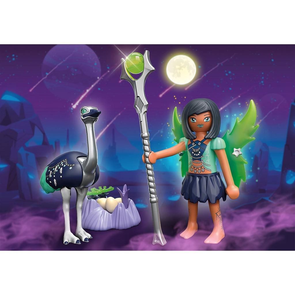Scene of the moon fairy holding her scepter at night to assist her spirit animal in guarding the eggs.