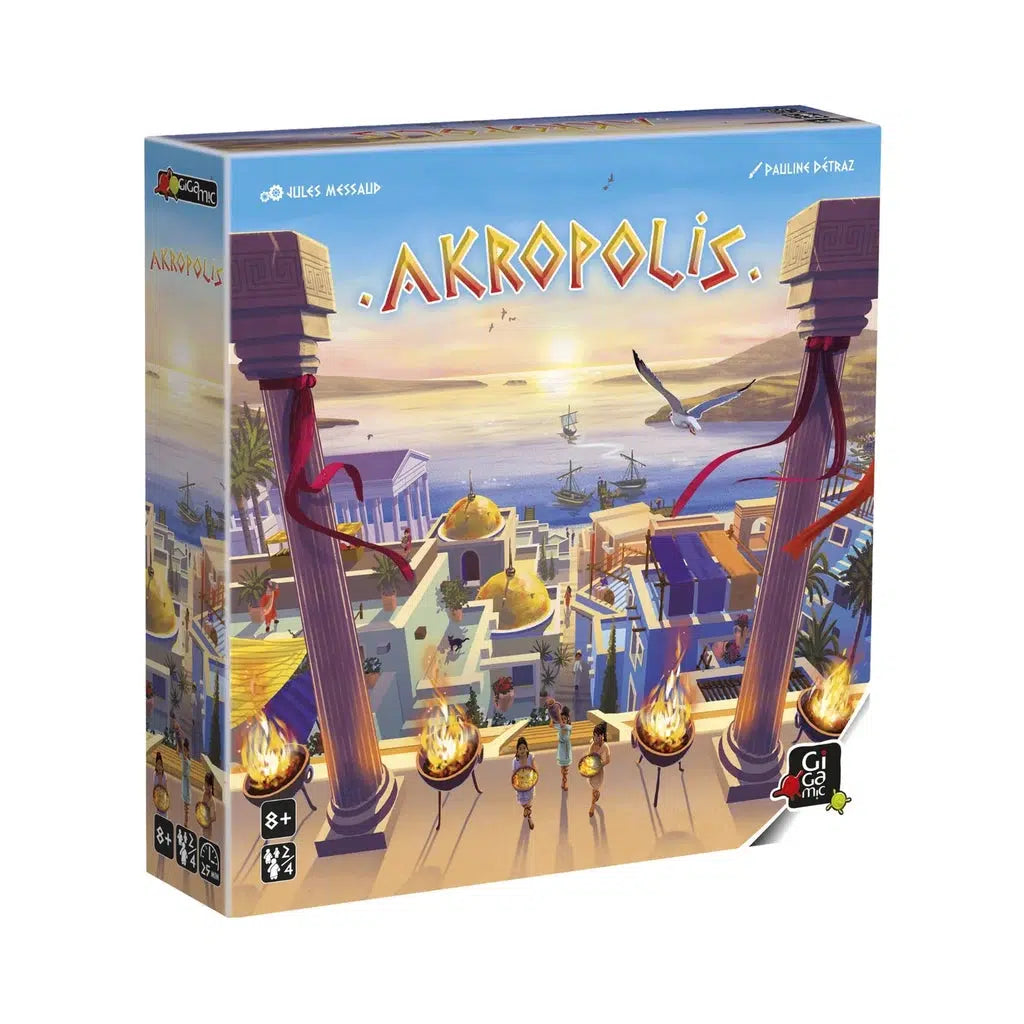 Game box | Illustration on box is a view of an ancient coastal Mediterranean city framed by two Greek-style marble columns.