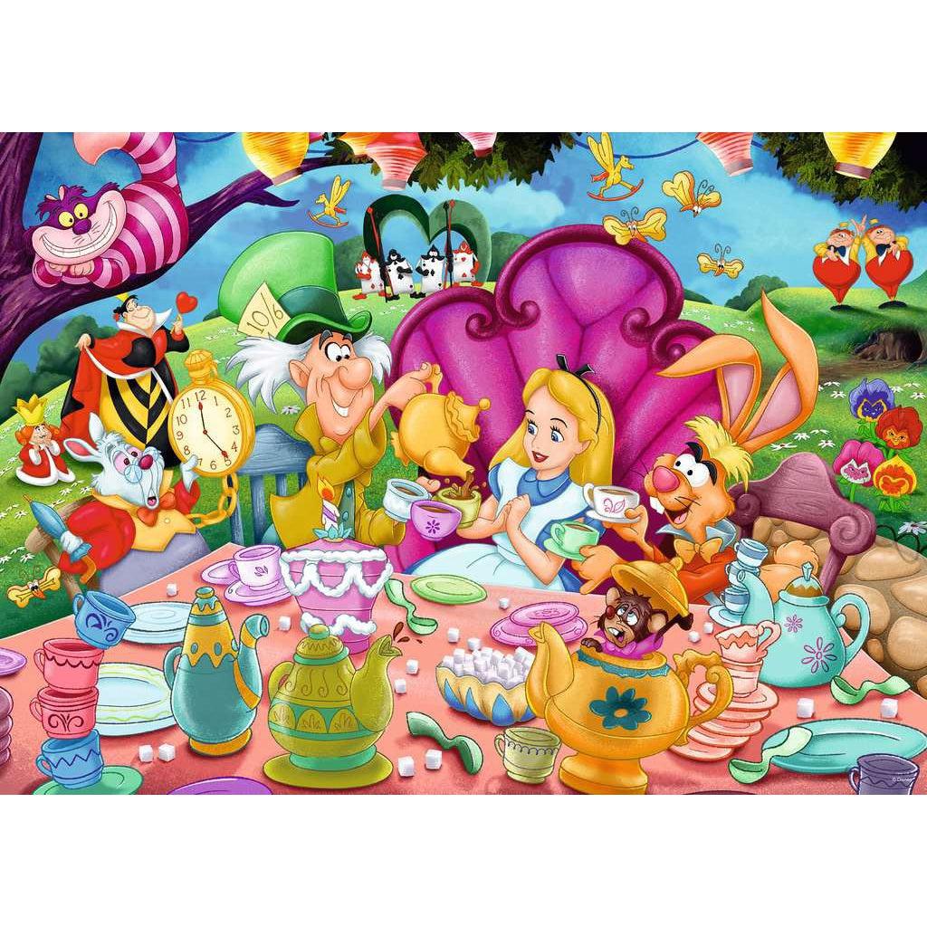 Puzzle image | Alice and characters from Alice in Wonderland having a mad tea party | The Mad Hatter pours tea into teacups | The table they sit at is cluttered with dishes, desserts, and sugar cubes | The background is the Queen of Hearts' garden.