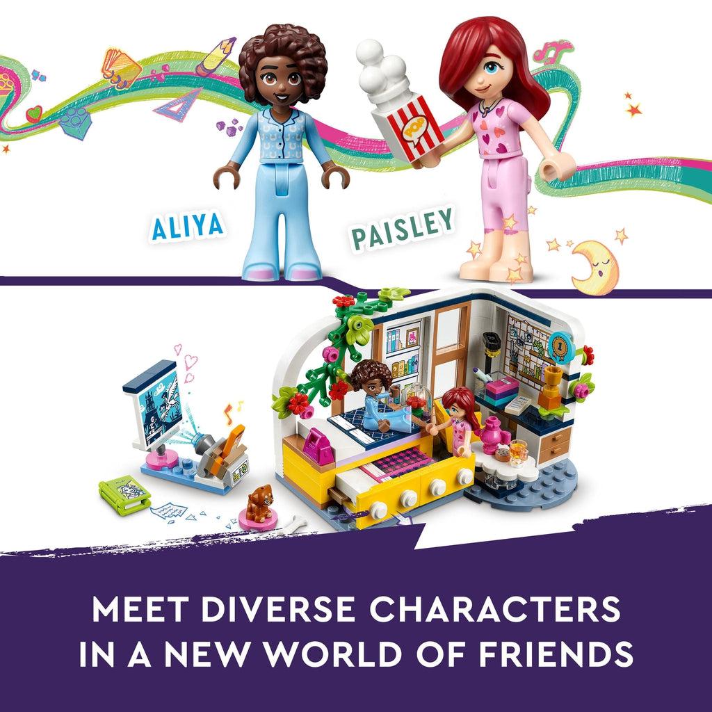 Top image shows the two lego friends characters aliya and paisley both wearing pajamas | bottom image shows toom and the little lego toy projector and screen from a high angle | image reads: Meet diverse characters in a new world of friends.