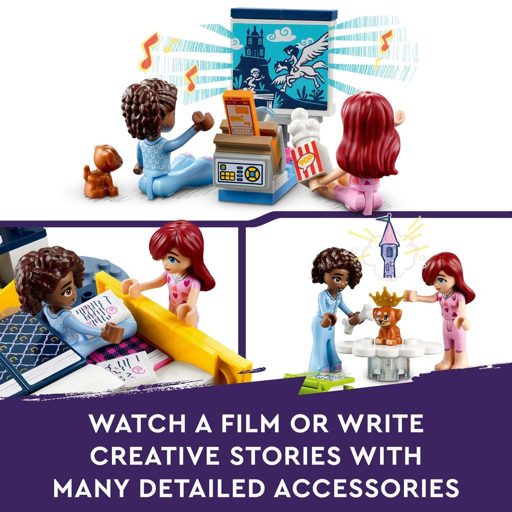 top image shows the two characters in front of the lego projector screen | bottom left shows paisley and aliya looking at graded papers | bottom right shows the two standing around a pillar with a dog with a crown on it | image reads: watch a film or write creative stories with many detailed acessories.