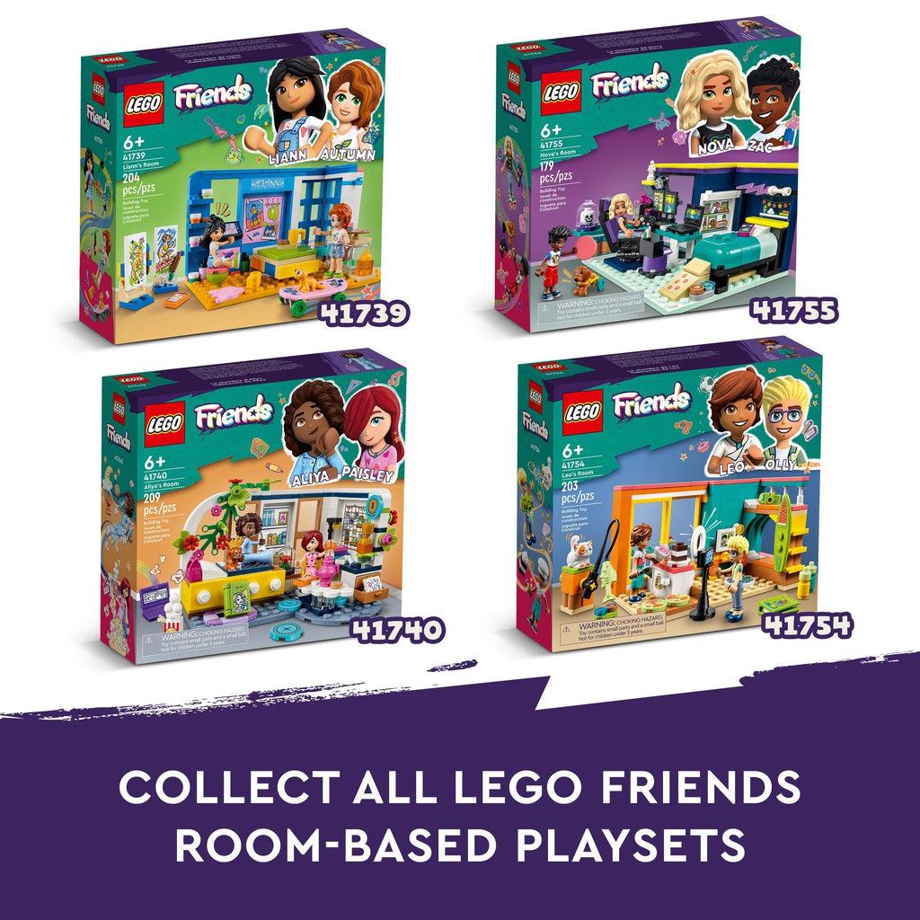 Image shows this set and 3 other not included lego sets (41755, 41739, and 41754) from the lego friends series | image reads: collect all lego friends room based playsets