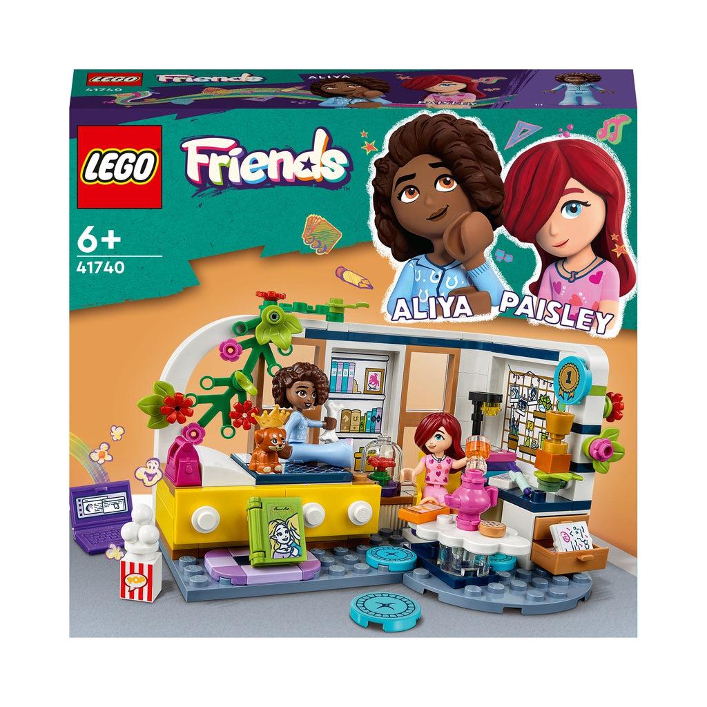 Front of the box shows to lego friends characters in a lego room with a bed, a desk, and various decorations