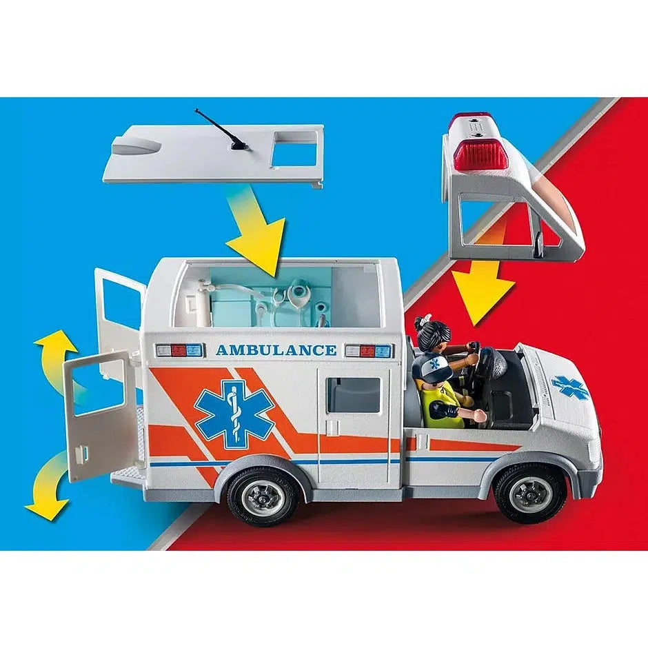 Image displays the back doors opening again, as well as the top of the drivers cab and the top of the rear of the ambulance being removable for access inside them