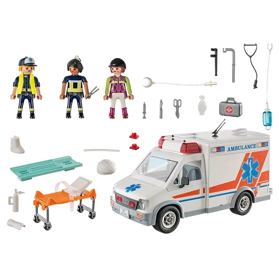 the figures, ambulance, and all accessories listed in description under contents are shown