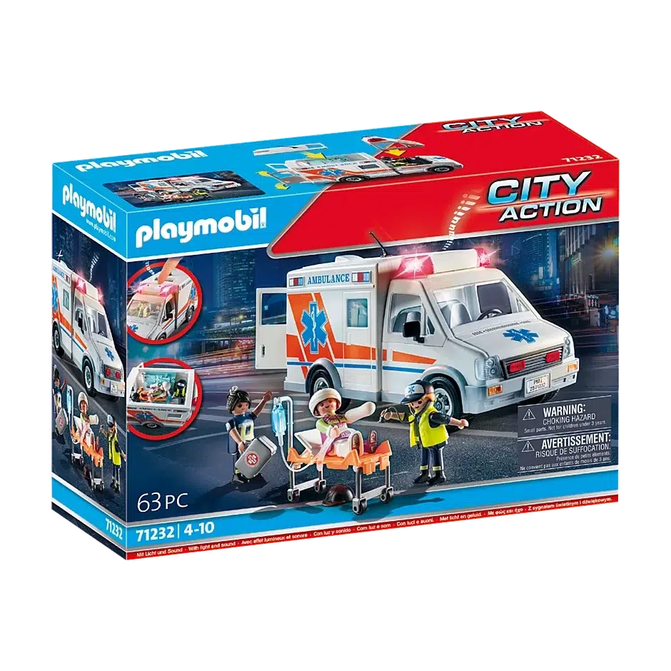 The box shows the ambulance and 3 playmobil figures, two in medic clothes and one in a stretcher with a toy IV and wearing arm and head bandages