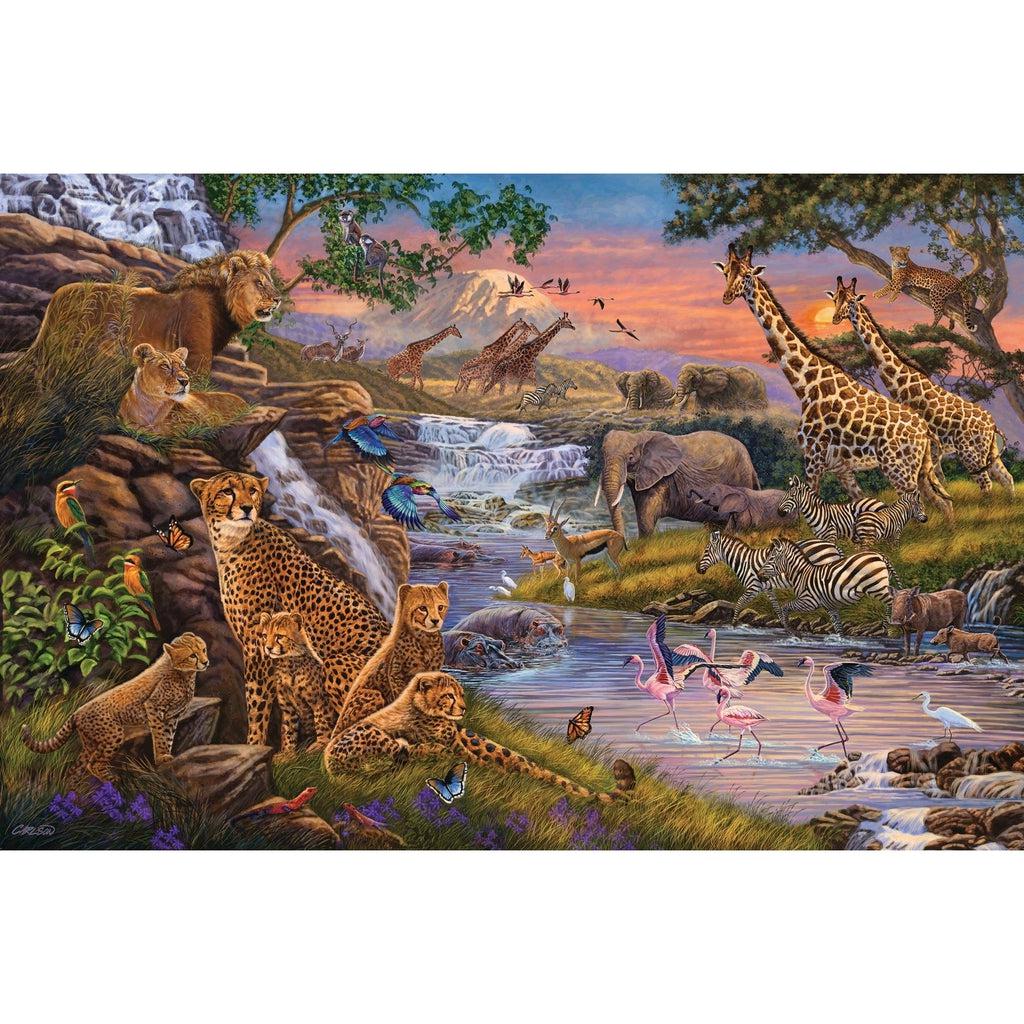 The puzzle picture is a scene of the African safari landscape complete with many different animals! There are lions, leopards, elephants, giraffes, and many more safari animals! The landscape features a rocky cliff side and a waterfall running down the center of the picture.