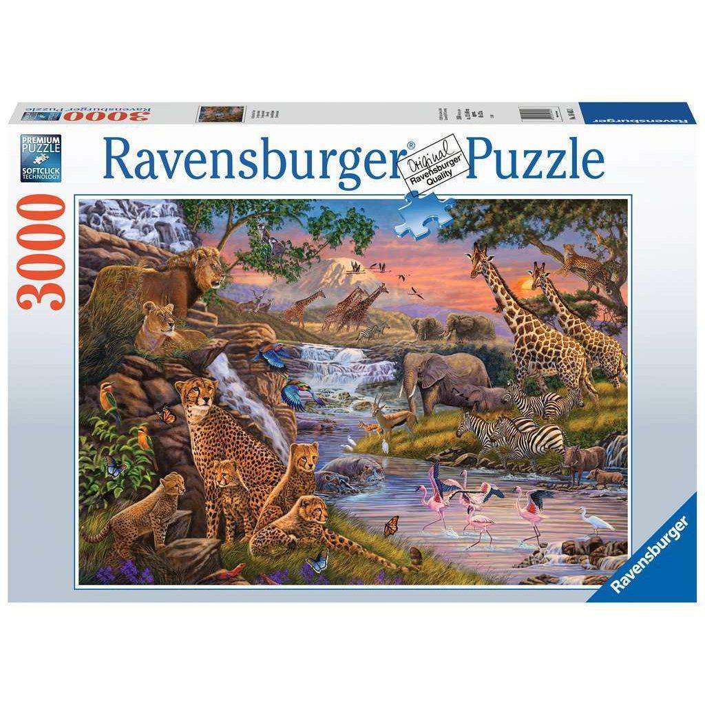 Image shows the front of the box with the brand name and number of pieces on it (3000pc). In the center of the box is a picture of the finished puzzle. Puzzle description on next image.