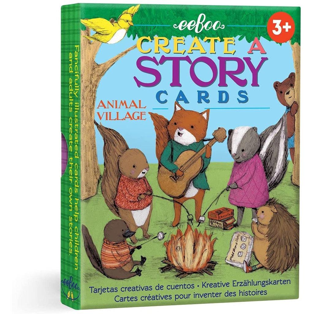 the animal village story cards, the cover of the box shows woodland animals roasting marshmellows over a campfire. 