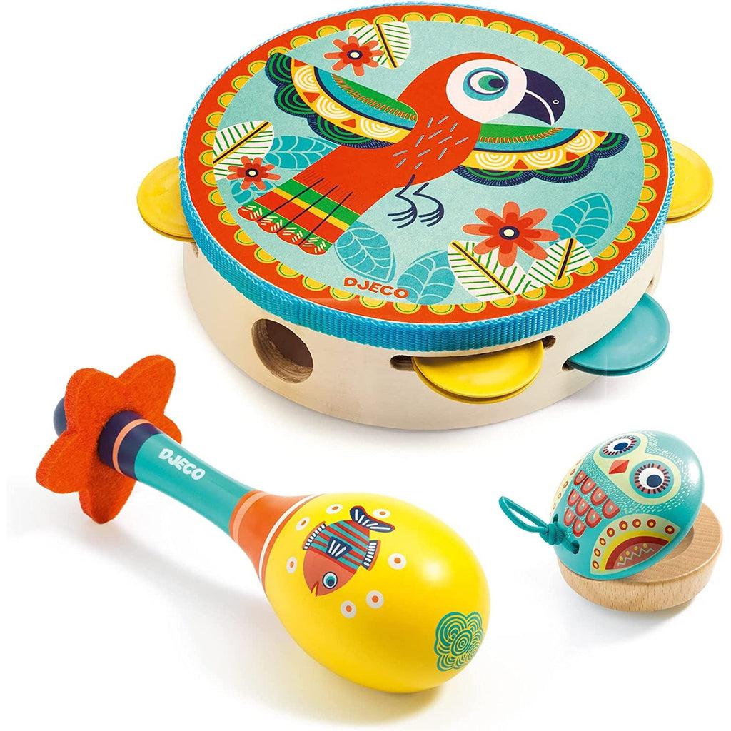 the maraca is a fish pattern in it, whe castanet has an owl painting and tambourine has a parrot painted on the top