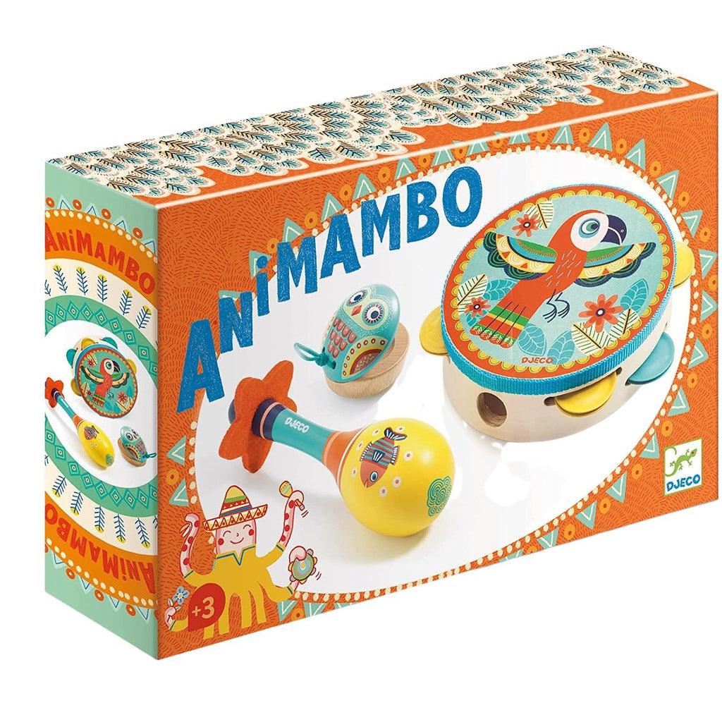 the isnstruments set shows a maraca, castanet, and tambourine each wonderfully colored with vibrant hued, a parrot is painted on the tambourine,