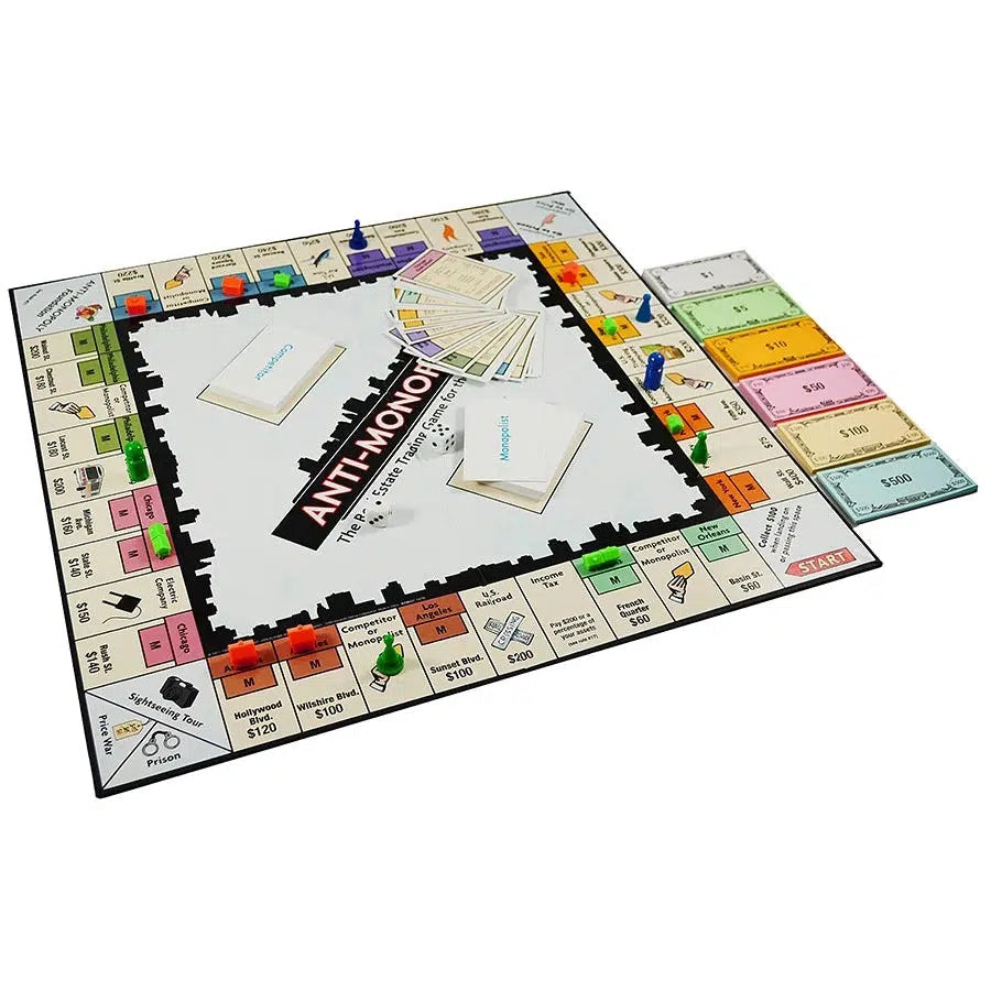 Image of game contents | Square shaped game board with game spaces running along outside edge, middle of the board is blank and contains spaces for competitor and monopolist cards. | Player pieces are plastic solid color pawns, other plastic pieces are green and red houses. | Money and property cards come in a variety of colors associated with the property or cash value.