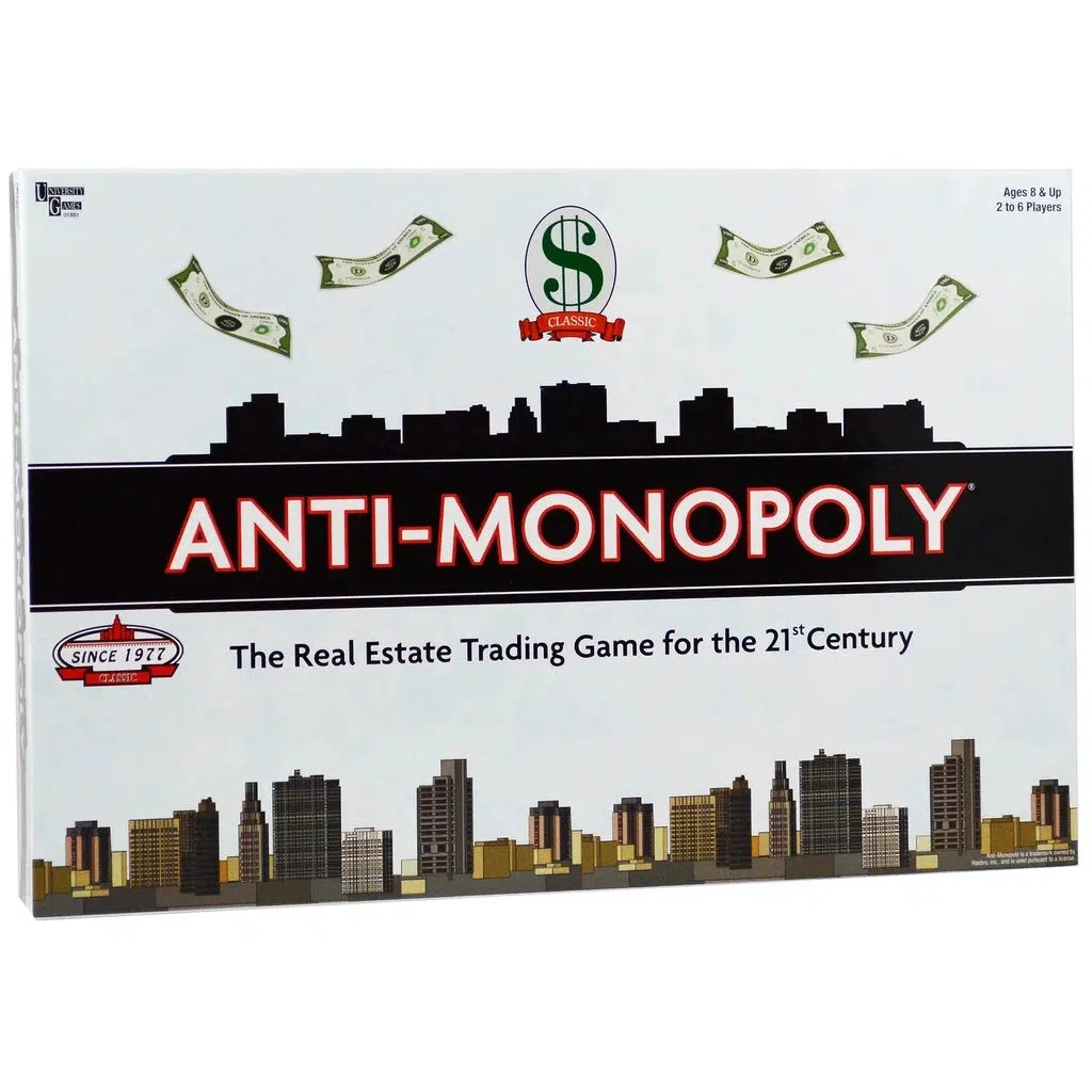 Anti-Monopoly game box | Game title has a small outline of a city and falling dollar bills above it. | Below the title text "The Real Estate Trading Game for the 21st Century" and a cartoon cityscape.